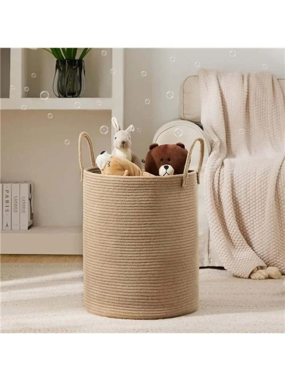 Large Jute Rope Laundry Basket 58L Tall Woven Hamper Storage for Bedroom